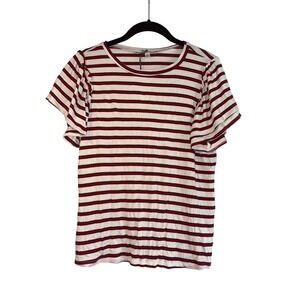 Green Envelope Striped Tee Ruffle Sleeve Casual Top‎ Red White Stripes M